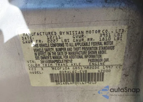 2012 Nissan Sentra 2.0 z USA, uszkodzony, nr VIN 3N1AB6AP0CL679212